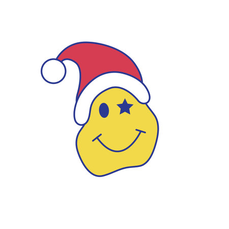 Christmas groovy crazy smile face and Santa hat in 70s retro style.のイラスト素材