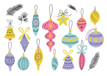 Set of retro Christmas toys with colorful different designs. Hand drawn cute xmas doodle vector icon.のイラスト素材