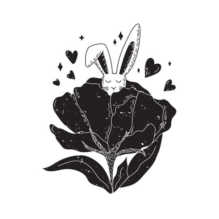 Cute Easter black and white bunny silhouette. Spring bunny with rose flower and hearts.のイラスト素材
