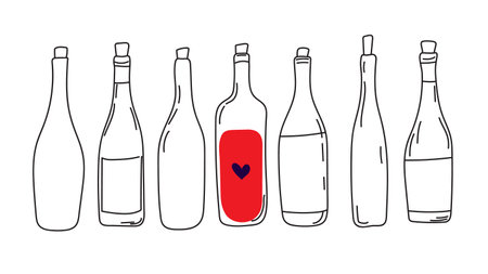 Vector wine botlles, alcohol, line art, doodle, minimalistic design.のイラスト素材