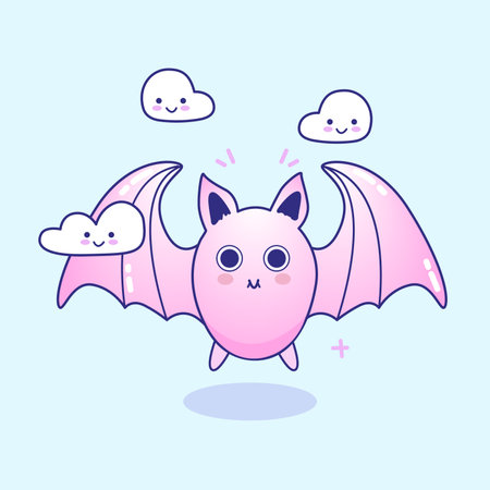 Vector kawaii bat. Cute smiling Halloween character with wings and clouds.のイラスト素材