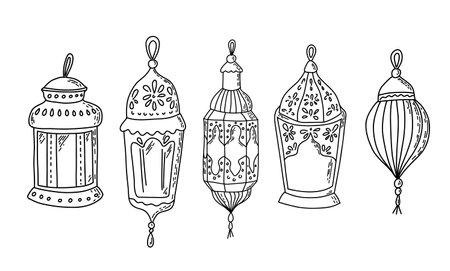 Set of hand drawn lanterns. Ramadan Kareem design elements. Vintage lanterns vector illustration.のイラスト素材