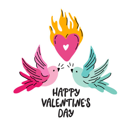 Romantic lettering Happy Valentines day, burning heart, dove birds composition.のイラスト素材