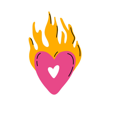 Hand drawn trendy heart in fire vector illustration.のイラスト素材