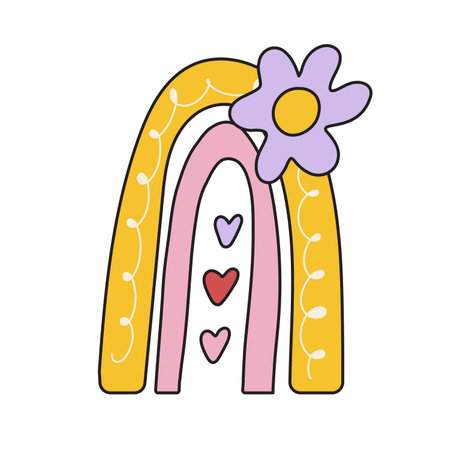 Cute 70s hippie rainbow and daisy illustration print for kids and girl t shirt or stickersのイラスト素材