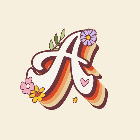 Groovy retro hippie stylized Initial Letter A with flowers. Seventies letter for nostatgic print or poster.のイラスト素材