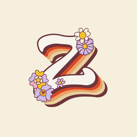 Groovy retro hippie stylized Initial Letter Z with flowers. Seventies letter for nostatgic print or poster.のイラスト素材