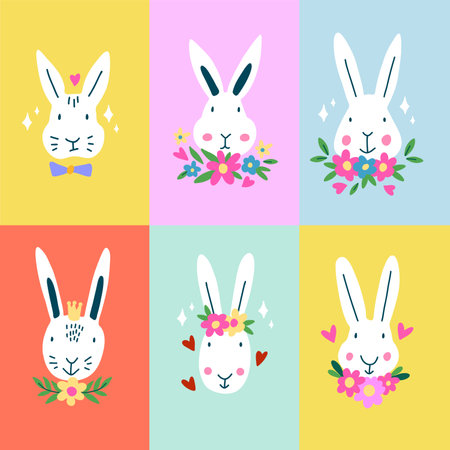 Set of cute Easter bunny rabbits with flowers.のイラスト素材