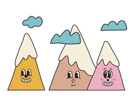 Abstract vector illustration of cute mountains with smiling faces. Psychedelic nature scenery in vintage groovy style. Cartoon funny characters. Hand drawn symbol of tourism and adventureのイラスト素材