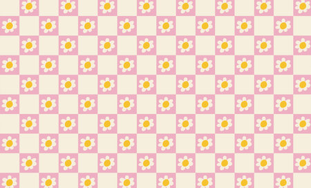 Vintage groovy chekered retro background with flowers. Cute colorful trendy vector illustration in style 70s, 80s.のイラスト素材