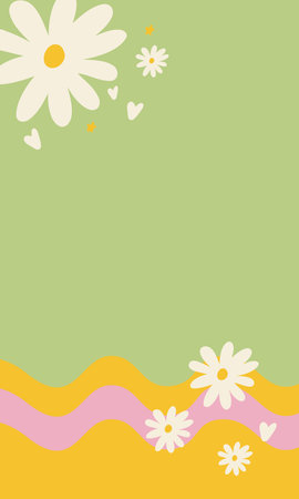 Vintage groovy pastel retro vertical background with flowers. Cute colorful trendy vector illustration in style 70s, 80s.のイラスト素材