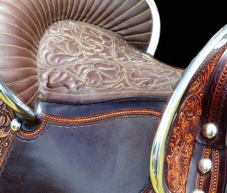 Element of the leather Peruvian Paso style saddle with beautiful carving designの写真素材