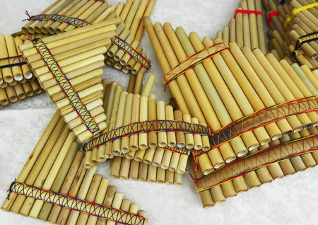 Pan flute o panpipes flute, folk musical instrument, at the market in Cuenca, Ecuador
