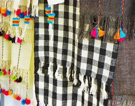 Peruvian woolen scarves for sale at the open marketの写真素材