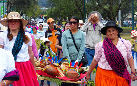 Cuenca, Ecuador-September 21,2019: Celebration of Killa Raymi or festival of the moon. Group of...