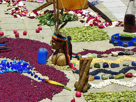 Details of Chacana (Chakana) or Ceremony in homage to Pachamama (Mother Earth) - is an aboriginal ritual of the indigenous peoples of the central Andes, Ecuador, Cuencaの写真素材