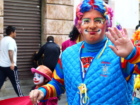 Cuenca, Ecuador - February 22, 2020: Parade during the carnival in the historic center of city...