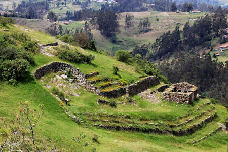 The archeological site Cojitambo dates back to the pre-Inca civilization of the CaÃ±ari people, who settled in area from 500 BCE to 500 CE. Later used by Incas as military post on Inca trail. Ecuadorの写真素材