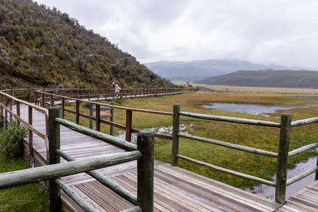 Cotopaxi National Park. Observation deck and wooden walkway at lake Limpiopungo on an overcast rainy day. Cotopaxi province, Ecuadorの写真素材