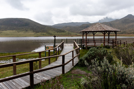 Cotopaxi National Park. Observation deck and wooden walkway at lake Limpiopungo on an overcast rainy day. Cotopaxi province, Ecuadorの写真素材