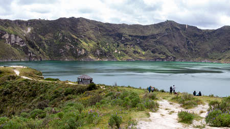 The shore of Quilotoa Lake in caldera of eponymous volcano. Cotopaxi province, Ecuadorの写真素材