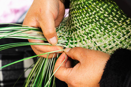 Close up of traditional weaving of ecuadorian Panama Hat or Paja Toquilla Straw Hats