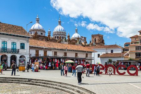 Cuenca, Ecuador - August 12, 2022: San Francisco Plaza in historical center of city Cuenca, UNESCO...