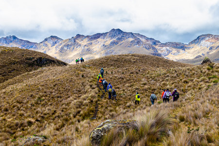Cajas, Ecuador, May 25, 2023: El Cajas National Park in the Ecuadorian Andes. A group of tourists on a trail in the highlands at an altitude of 4000 m above sea level.のeditorial素材