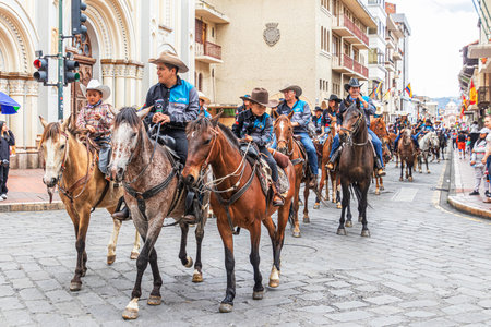 Cuenca, Ecuador - October 28, 2023: Independence Day celebration. A large group of ranchers and farm...