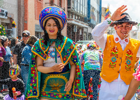 Cuenca, Ecuador - February 18, 2023: Carnival parade in Cuenca. Folk dancers in the historical...