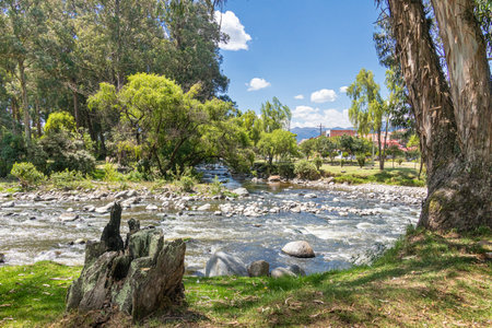 The confluence of rivers Tomebamba and Yanuncay in the valley of city Cuenca, El Paraiso Park, Ecuadorの写真素材