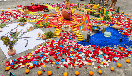 The Andean spiritual ceremony Chakana around the Andean Cross is an indigenous ritual of the indigenous peoples of the central Andes. Cross made of plants, food, seeds. Ecuadorの写真素材