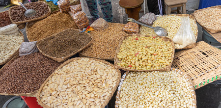 Top view of ingredients used to prepare fanesca dish sold at a market. Various grains, legumes, vegetables. Traditional Ecuadorian food eaten during Holy Week and Easterの写真素材