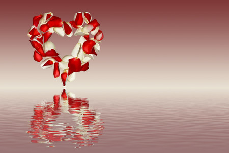 Heart from the petals of roses on a pink shaded background with reflection in water.Valentine's Dayの写真素材