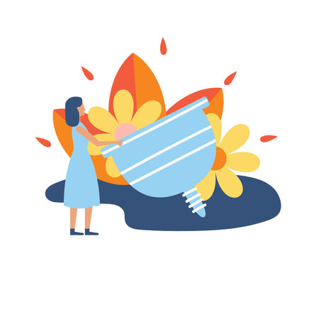 Menstrual cup with a girl in a blue dress on a background of flowers and leaves. Woman monthly cycle concept. The principle of care for the hygiene of the female body. Vector illustration file eps 10のイラスト素材