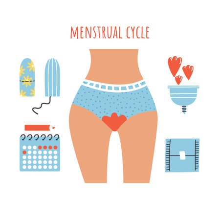 Hygiene kit for women during the menstrual cycle. Image of the hips of a girl in shorts. Silhouette of a girl during menstruation. Vector illustration eps 10 fileのイラスト素材