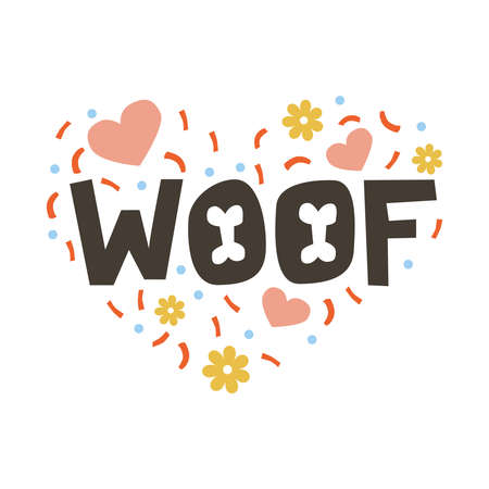 Silhouette of a heart filled with the inscription WOOF, hearts, serpentine and flowers. Gift card on the theme of a pet dog. Hand drawing vector bright design.のイラスト素材