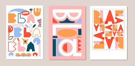 Vector set of posters letters geometric shapes. Blah blah phrases design for printing. Vector...
