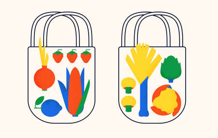 Set of food packages with organic products. Vegetables and fruits or a healthy diet. Geometric vector illustration of shopping conceptのイラスト素材