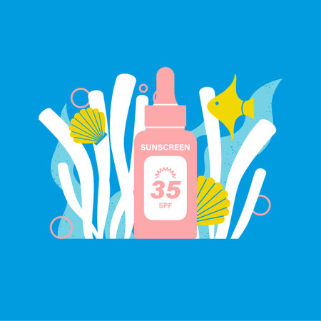 Sunscreen package with background of coral and ocean waves. Sun protection SPF 35. Moisturizes and...