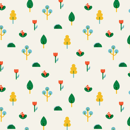 Floral vintage pattern on a beige background. Seamless pattern of flowers, trees, shrubs in the main colors. Illustration in retro flat design style.のイラスト素材