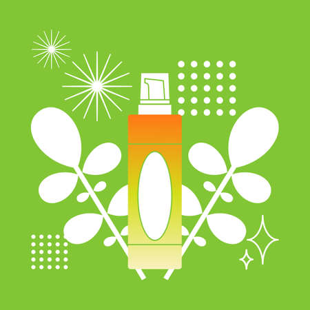 Cosmetic product for skin and hair care. Gradient on a bun with product on a green background with leaves on geometric elements. Flat style vectorのイラスト素材