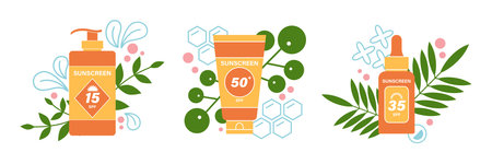 Set of sunscreens, gels, oils in bottle as the main summer protection in summer. Beach product with...