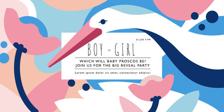 Baby gender reveal invitation template. He or she. Boy or girl. Horizontal banner with crane on a geometric background with flowers. Flat vector design.のイラスト素材