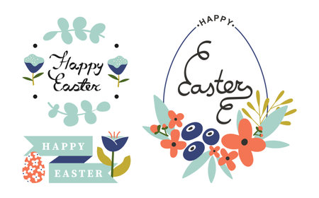 Bundle Happy Easter greeting card, poster, cover design. Inscription with spring flowers and silhouette of an Easter egg. Set of vector vector holiday designs for typography. Flat style illustration.のイラスト素材