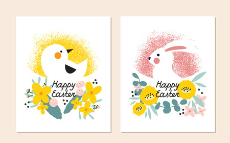 Bundle Happy Easter greeting card, poster and cover design. White rabbit and chicken with spring...