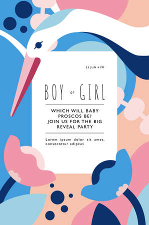 Boy or girl. Gender reveal invitation template. He or she. Vertical banner with crane on geometric background with flowers. Vector flat illustrationのイラスト素材