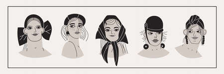 Set of portraits of women with different fashionable hats and hairstyles. Variety of species. Avatar for social network. Isolated lady characters on white background. Vector illustrationのイラスト素材