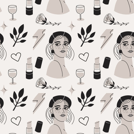 Pattern with a portrait of a lady in a beret with elements. Trendy pattern for printing on fabric, packaging and various surfaces. Vector design concept for cosmetics, jewelry and accessories.のイラスト素材