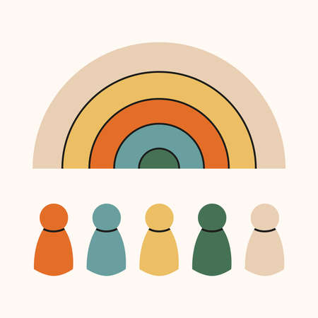 Wooden colorful rainbow with men. Component of the development of Montessori education in kindergarten, at home. Game for children for finger motility, logic, learning shapes and colors. Vectorのイラスト素材